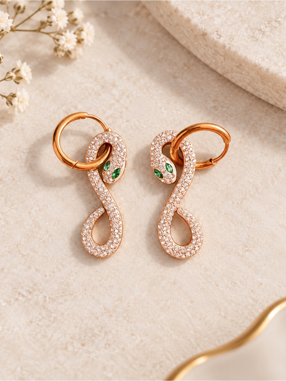 Rose Gold Snake Hoop Earrings with Green Crystal Eyes